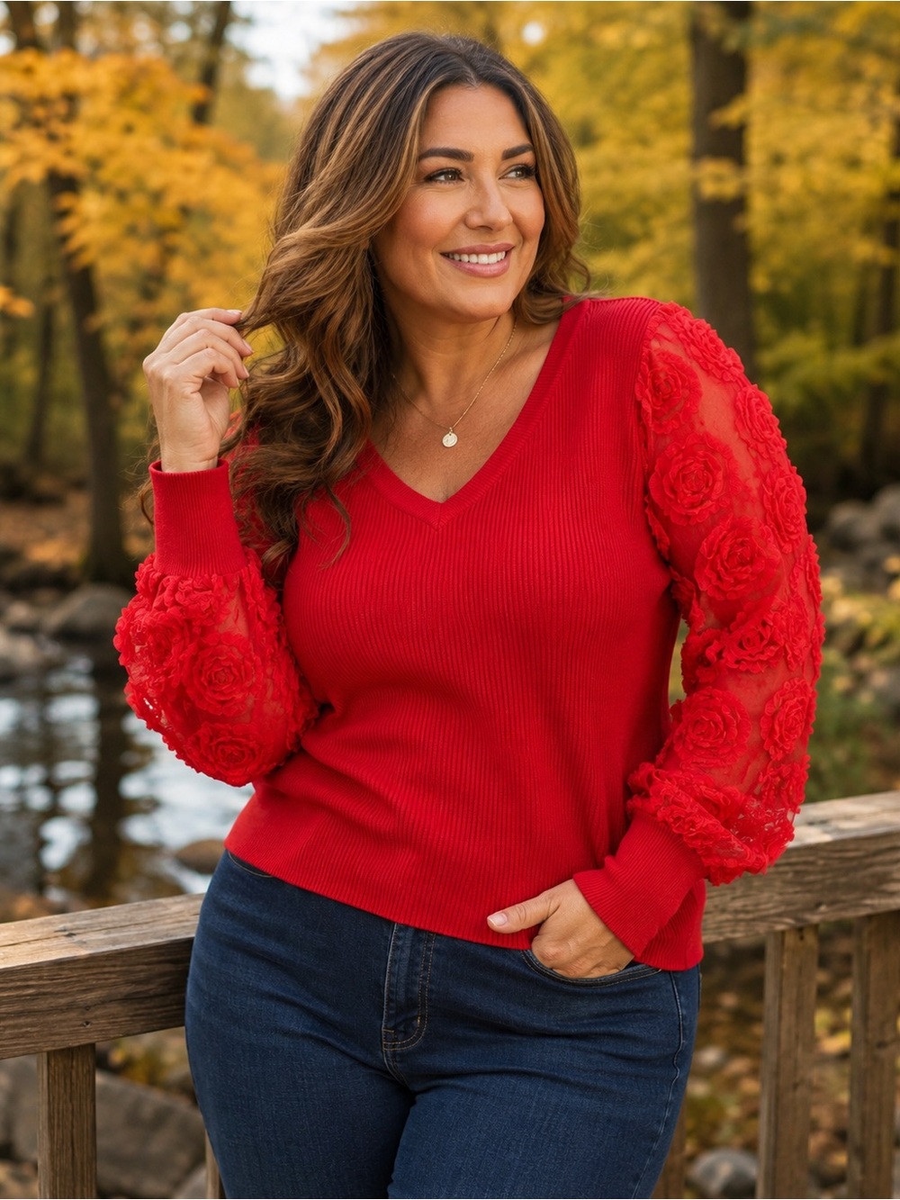Cato Red Ribbed Sweater Floral Mesh Balloon Sleeve V-Neck Plus Size 18/20